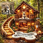 A cheerful corgi dog wearing a black harness sits proudly on a rustic wooden chair outdoors, surrounded by a softly blurred forest background. The dog's bright eyes and open mouth give the impression of a happy smile, making it look like the king of the woods.