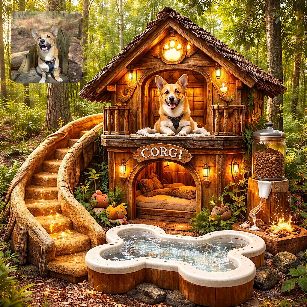 A cheerful corgi dog wearing a black harness sits proudly on a rustic wooden chair outdoors, surrounded by a softly blurred forest background. The dog's bright eyes and open mouth give the impression of a happy smile, making it look like the king of the woods.