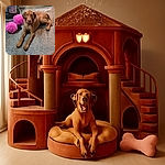 A charming brown dog lounges on a carpeted floor next to two oversized fuzzy pink dice, with a vacuum cleaner in the background. The dog gazes attentively at the camera, wearing a pink collar and a bone-shaped tag.