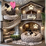 A cute black and white puppy is curled up comfortably in a fluffy gray pet bed with a paw-print blanket, next to a large pink plush toy, looking up with innocent eyes as if plotting its next adventure.
