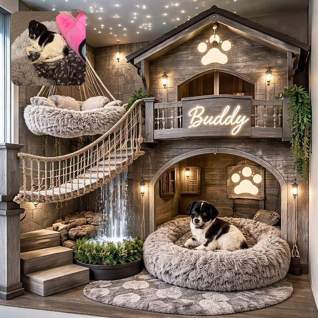 A cute black and white puppy is curled up comfortably in a fluffy gray pet bed with a paw-print blanket, next to a large pink plush toy, looking up with innocent eyes as if plotting its next adventure.