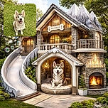 A happy husky puppy with one blue eye and one brown eye sits on a lush green lawn, looking up eagerly at the camera with a big smile. Above the pup, there is a cute overlay of four heart emojis in different shades of brown, adding a sweet touch to the joyful scene.