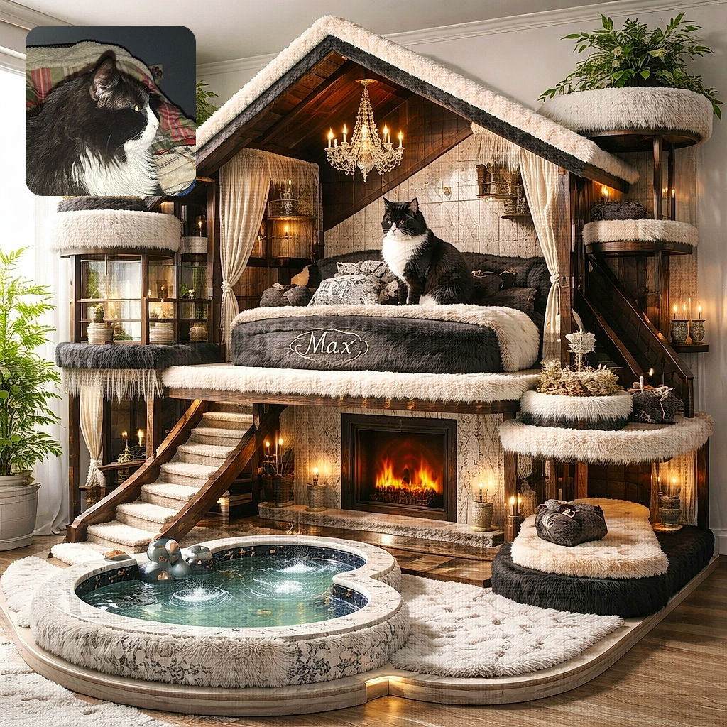 A fluffy tuxedo cat in profile, looking off to the side like it just heard the can opener of destiny — bright reflective eyes, luxurious ruff, and a plaid blanket throne. The flash gives it a dramatic movie-poster vibe: serious, whiskered, and unbothered.