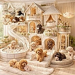 A delightful and heartwarming photo capturing a group of adorable fluffy puppies playing with soft toys in a cozy, pastel-hued nursery setting filled with plush animals, wicker baskets, and gentle decor, exuding warmth and cuteness overload.