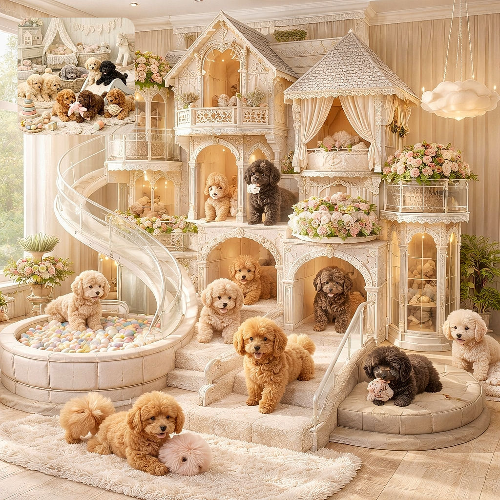 A delightful and heartwarming photo capturing a group of adorable fluffy puppies playing with soft toys in a cozy, pastel-hued nursery setting filled with plush animals, wicker baskets, and gentle decor, exuding warmth and cuteness overload.