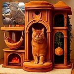 A chubby ginger cat with a serious expression sits majestically on a brown leather couch, one paw stretched out as if commanding the room. The background shows a cozy living room with soft natural light filtering through sheer curtains, scattered clothes, and a comfy armchair.