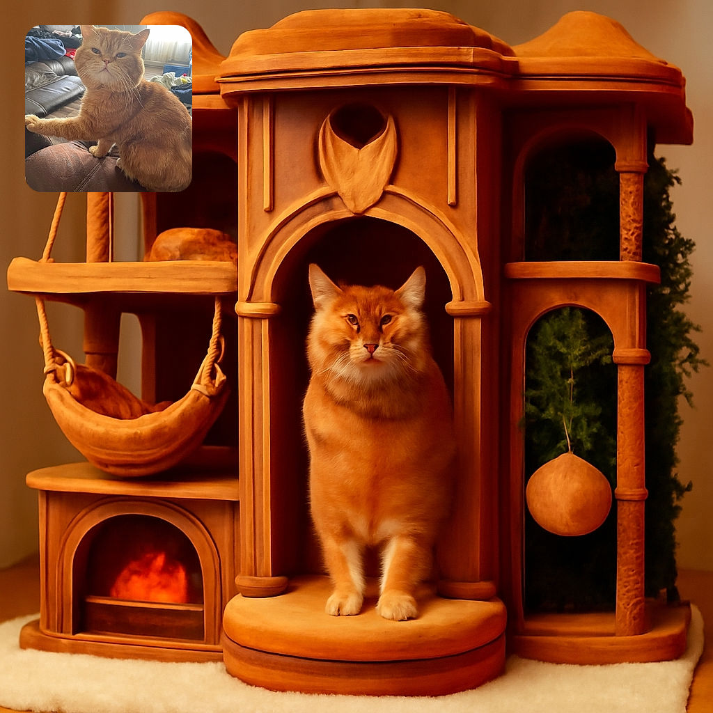 A chubby ginger cat with a serious expression sits majestically on a brown leather couch, one paw stretched out as if commanding the room. The background shows a cozy living room with soft natural light filtering through sheer curtains, scattered clothes, and a comfy armchair.