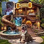 A goofy dog with a huge tongue hanging out looks like it's caught mid-laugh on a sunny sidewalk, with the name 'Bonnie' scribbled in bright red above, adding a playful splash of personality.