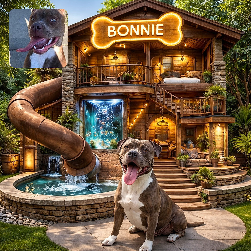 A goofy dog with a huge tongue hanging out looks like it's caught mid-laugh on a sunny sidewalk, with the name 'Bonnie' scribbled in bright red above, adding a playful splash of personality.