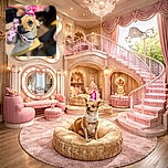 A small dog wearing a bright pink party hat looks up with big, shiny eyes, sitting on a chair with a blurred background of people and furniture, capturing a cute and festive moment.