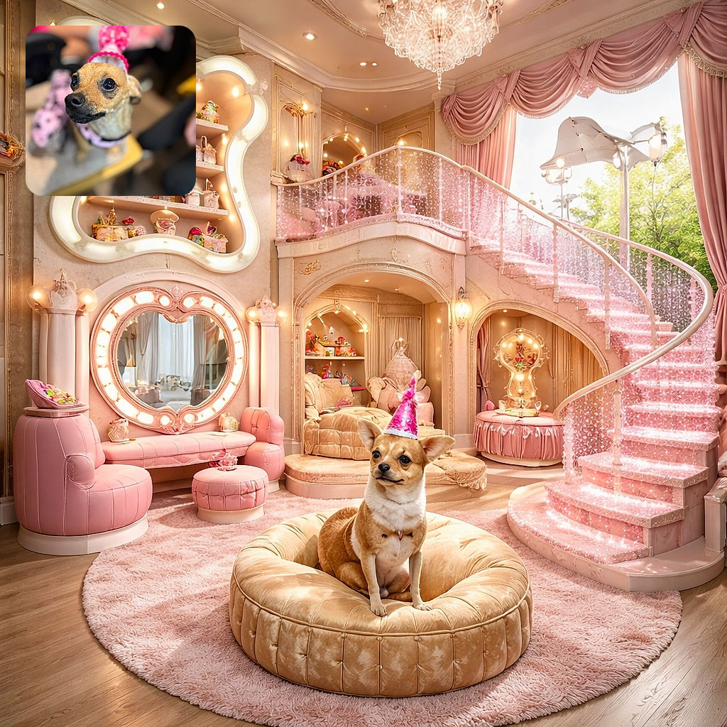 A small dog wearing a bright pink party hat looks up with big, shiny eyes, sitting on a chair with a blurred background of people and furniture, capturing a cute and festive moment.