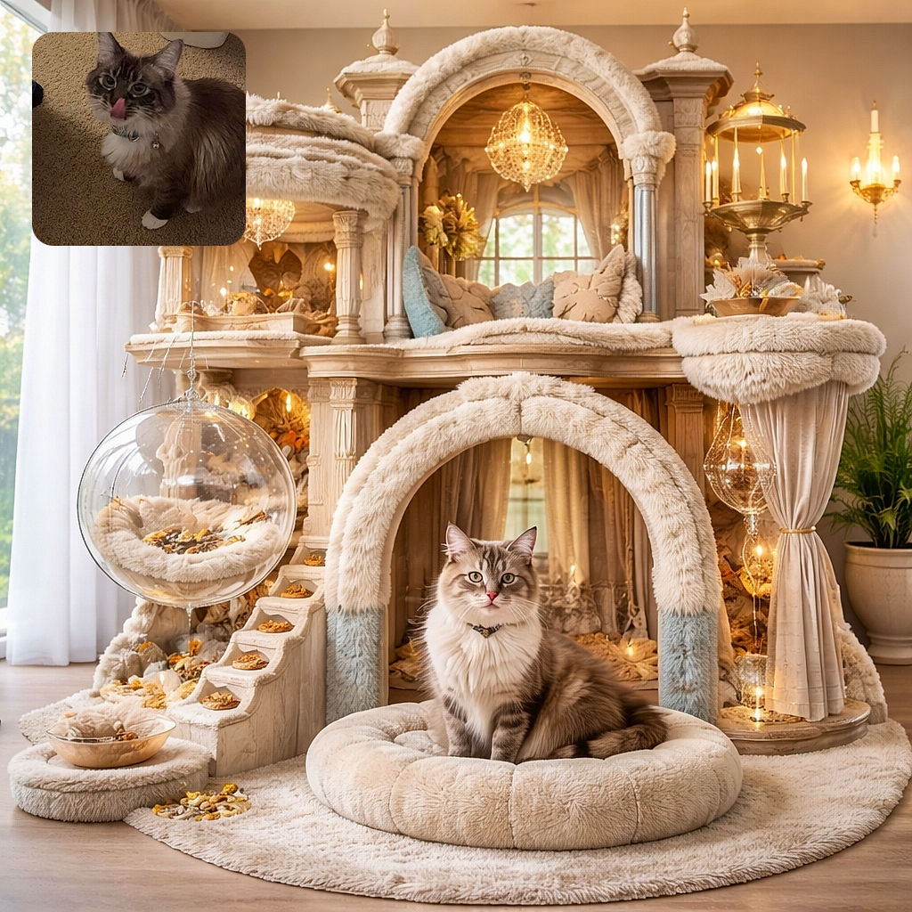 A fluffy cat caught mid-lick with its tongue dramatically out — tiny bell jingling, white paws planted on the carpet, and eyes full of innocent mischief as if it just tasted something scandalously tasty.