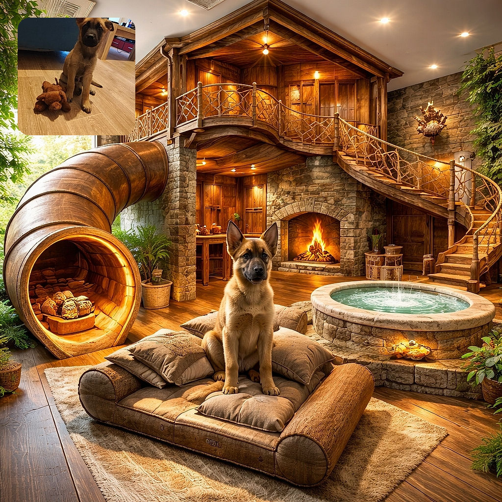 A cute puppy sitting attentively on a wooden floor next to a plush toy dog, with a cozy indoor setting featuring furniture and a radiator in the background.