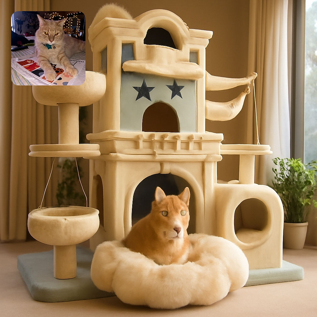 A fluffy ginger cat with striking amber eyes lounges regally on a bed, paws resting on a colorful calendar featuring cartoonish animal paws. The cozy room glows softly with warm fairy lights in the background, adding a magical ambiance to this feline's chill session.