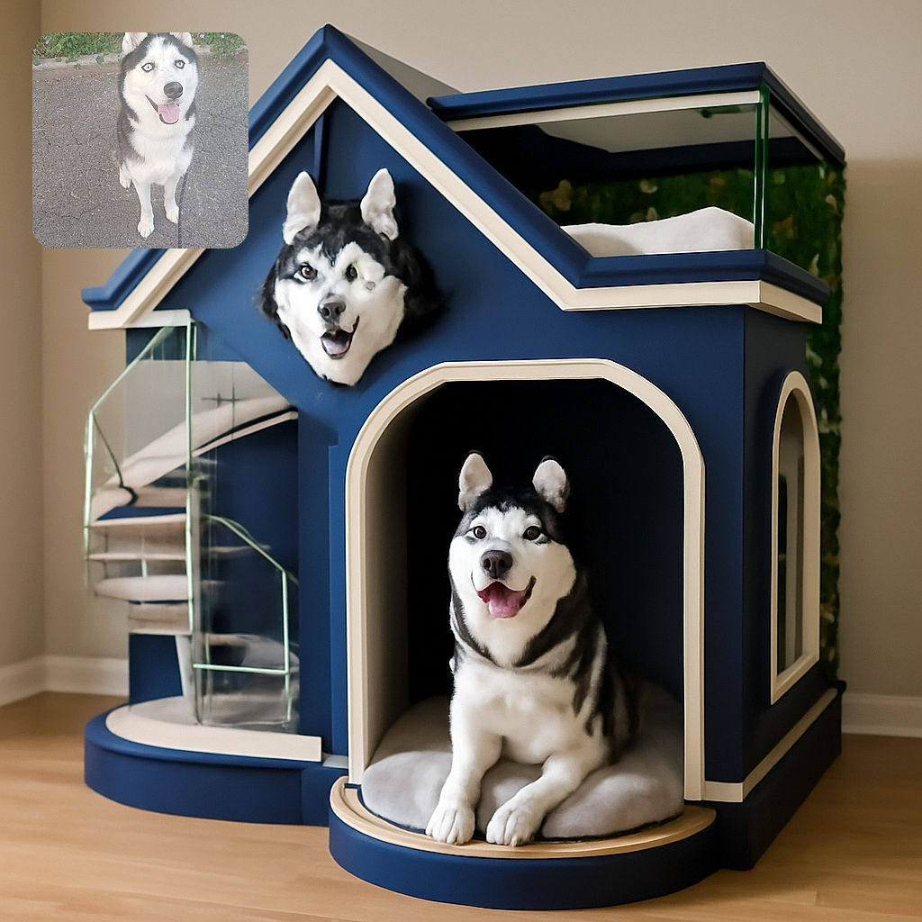 A cheerful husky with striking blue eyes sits patiently on a cracked pavement, leash extending toward the camera, with a backdrop of green grass and small purple flowers, capturing a candid moment of canine charm.