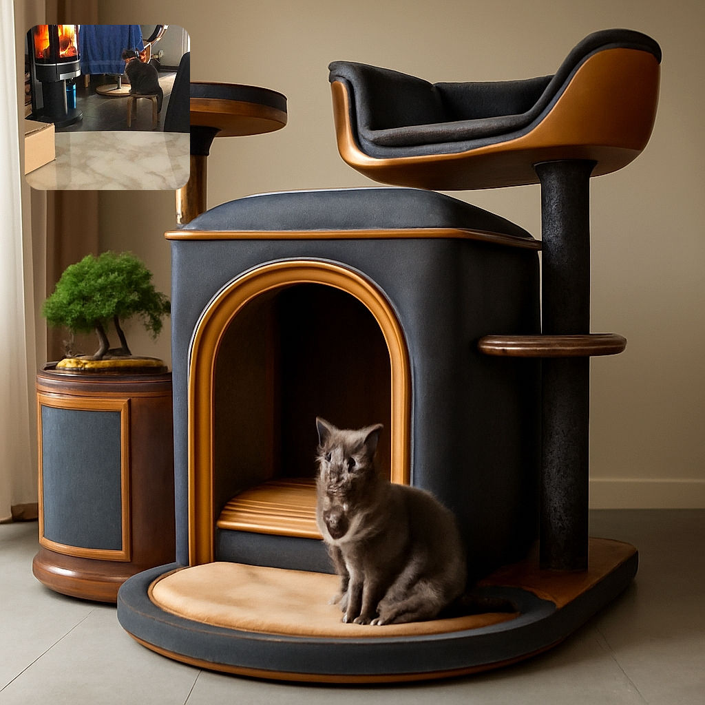 A cozy indoor scene featuring a cat sitting on a small wooden stool, staring intently at a warm, glowing fireplace. The background includes a chair draped with a blue towel and a framed picture on the wall, creating a homely atmosphere.