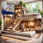 A curious dog with big ears lounges on a navy blue couch, glancing back with a slightly puzzled expression. The cozy kitchen background adds a homey vibe with cabinets, a fridge, and various items on the counter.