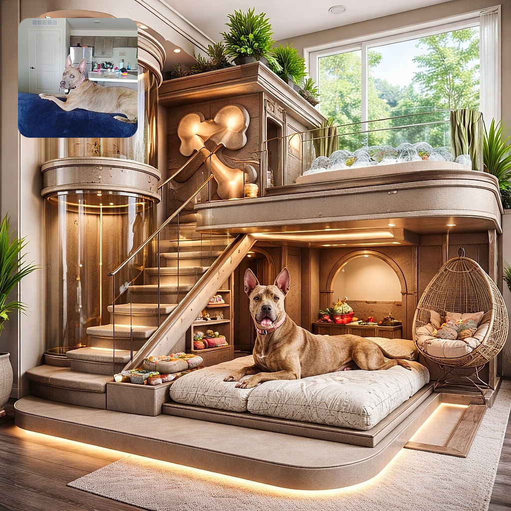 A curious dog with big ears lounges on a navy blue couch, glancing back with a slightly puzzled expression. The cozy kitchen background adds a homey vibe with cabinets, a fridge, and various items on the counter.