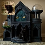 A sleek black cat sits curled up on a patterned rug, with its bright, reflective eyes staring intently at the camera, giving off an aura of mystery and curiosity.