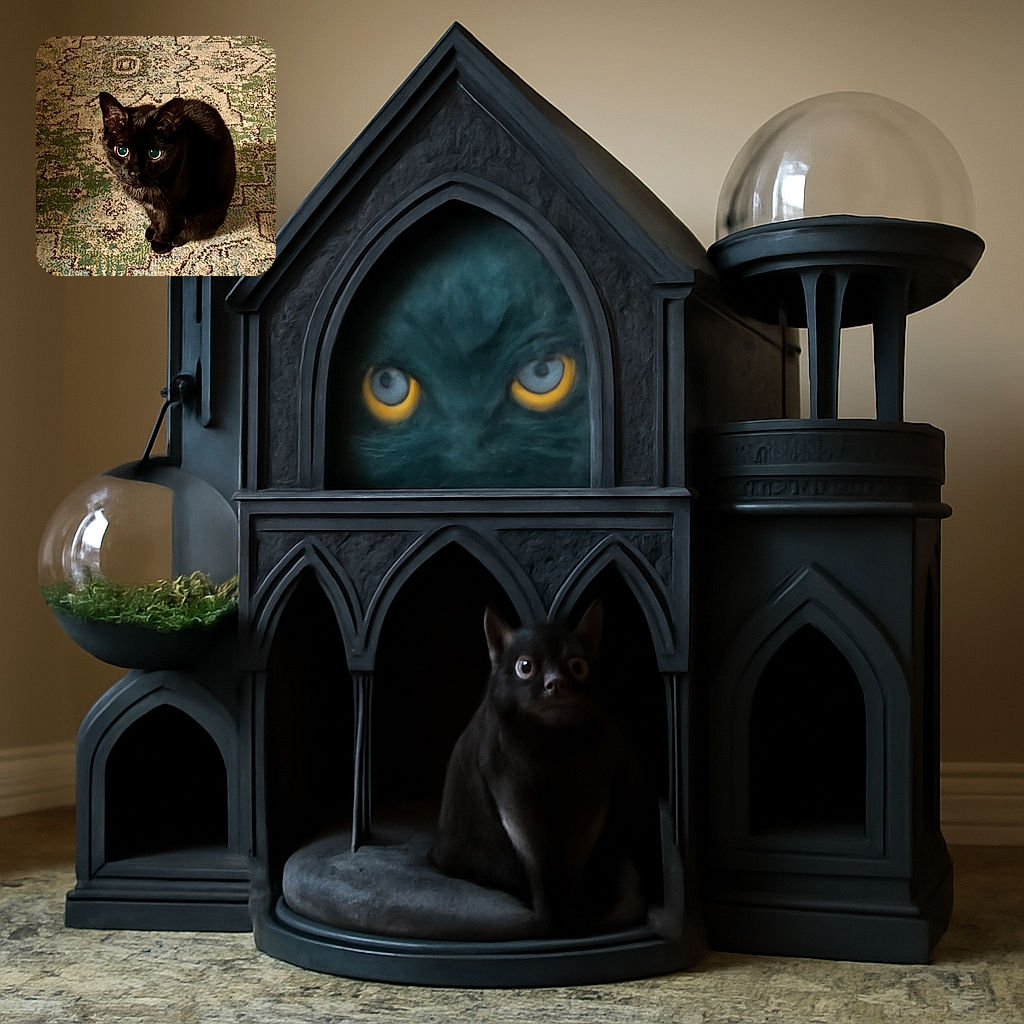 A sleek black cat sits curled up on a patterned rug, with its bright, reflective eyes staring intently at the camera, giving off an aura of mystery and curiosity.