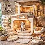 A cute puppy sits adorably on a mattress with a white towel and pillow nearby, looking up with big curious eyes as if plotting its next playful move.