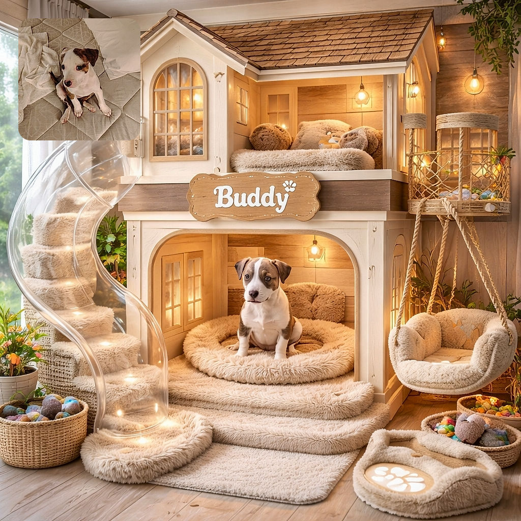 A cute puppy sits adorably on a mattress with a white towel and pillow nearby, looking up with big curious eyes as if plotting its next playful move.