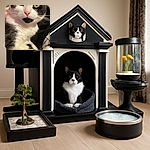 A close-up shot of a black and white cat with a distinctive black patch under its nose, looking curiously at the camera. In the bottom left corner, a small inset shows a man holding a small animal, possibly a kitten, during a video call. The background is a warm reddish wall and some indistinct indoor elements.