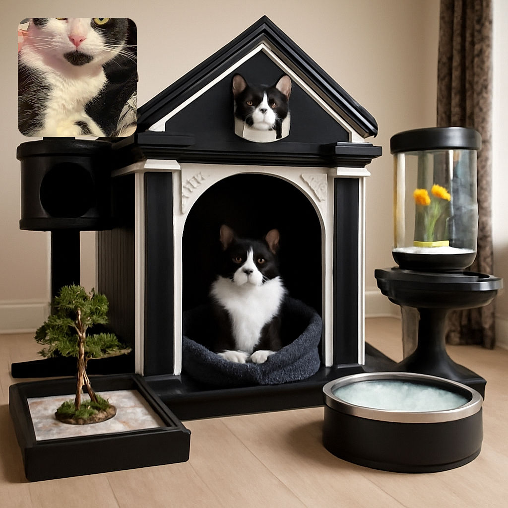A close-up shot of a black and white cat with a distinctive black patch under its nose, looking curiously at the camera. In the bottom left corner, a small inset shows a man holding a small animal, possibly a kitten, during a video call. The background is a warm reddish wall and some indistinct indoor elements.