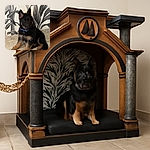 A fluffy German Shepherd puppy with a blue collar sits attentively on a tiled floor in front of a stylish black and white leafy wall mural, looking ready for a photoshoot or some playful mischief.