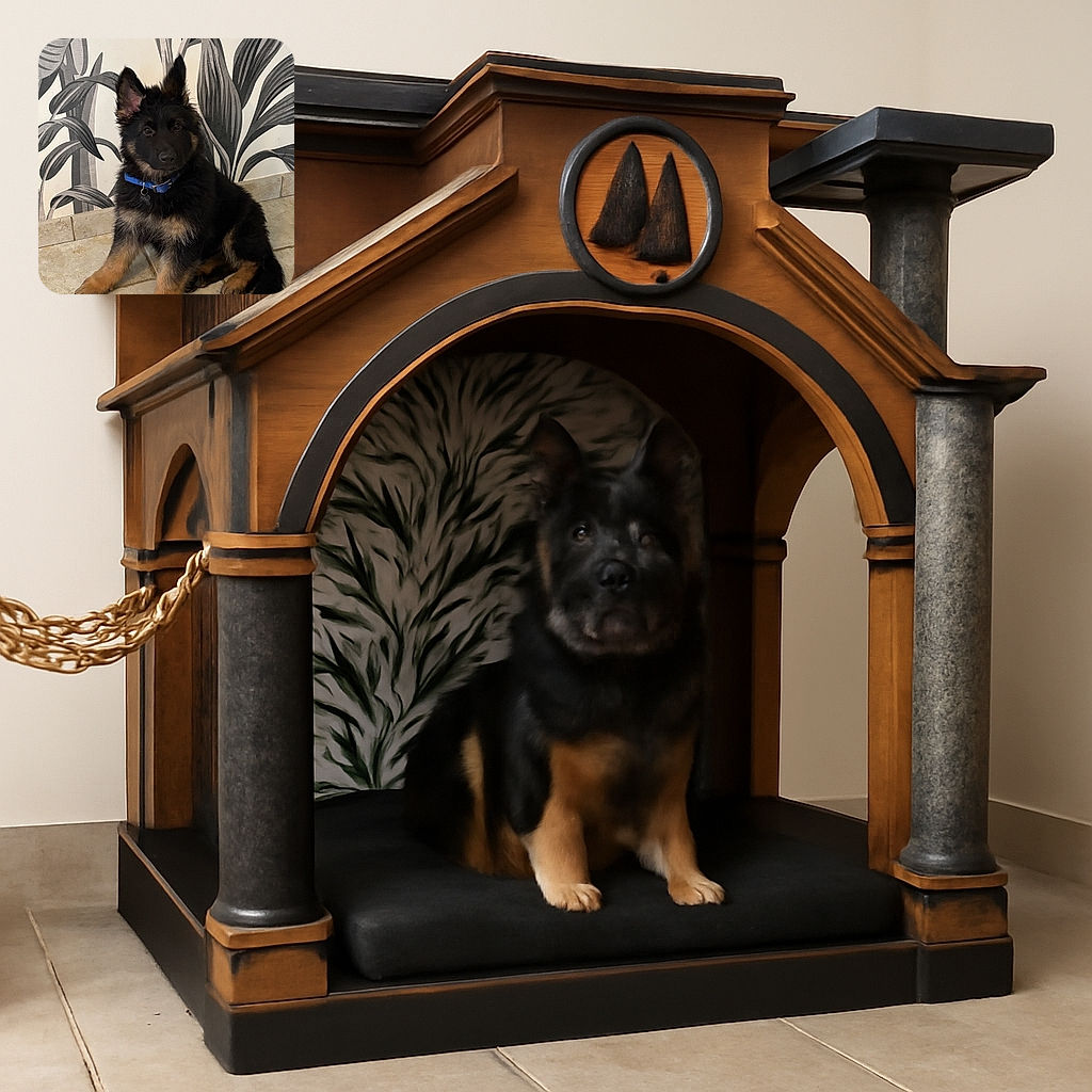 A fluffy German Shepherd puppy with a blue collar sits attentively on a tiled floor in front of a stylish black and white leafy wall mural, looking ready for a photoshoot or some playful mischief.