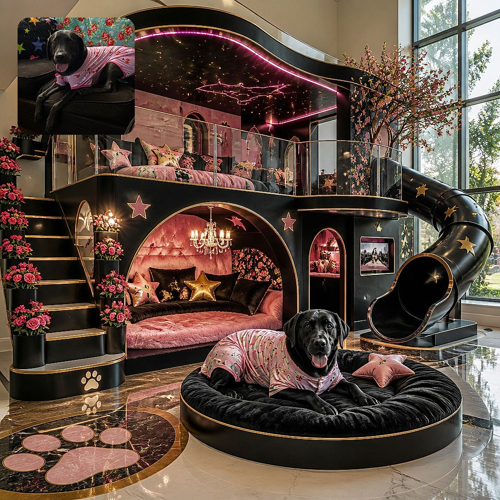 A cheerful black dog lounges dramatically across the couch in a pink patterned outfit, tongue out as if proudly modeling the latest canine pajamas. Behind it, floral upholstery and a starry blanket create the wonderfully chaotic set of a very cozy fashion shoot.