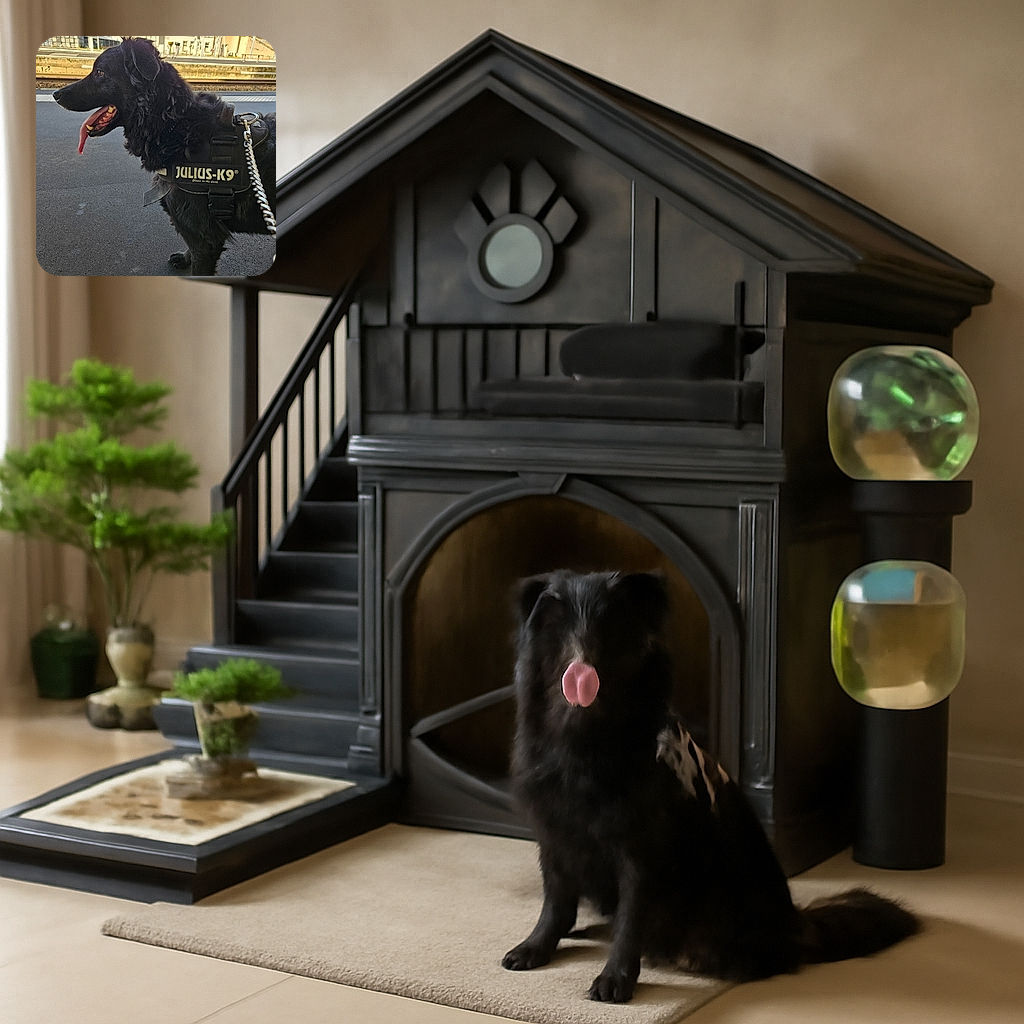 A happy black dog wearing a Julius-K9 harness stands on a train station platform with its tongue hanging out, looking attentively to the side. The background shows train tracks and buildings bathed in daylight, with a visible shoe at the bottom right corner adding a casual vibe.