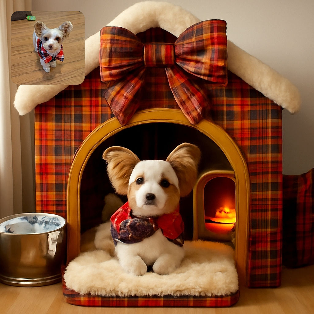 A charming small dog with oversized ears and a red plaid bow tie stands on a wooden floor, looking up with a curious and adorable expression. The background includes a couch, a closed door, and some scattered toys, creating a cozy indoor setting. The word 'After' is overlaid in white text near the bottom left.