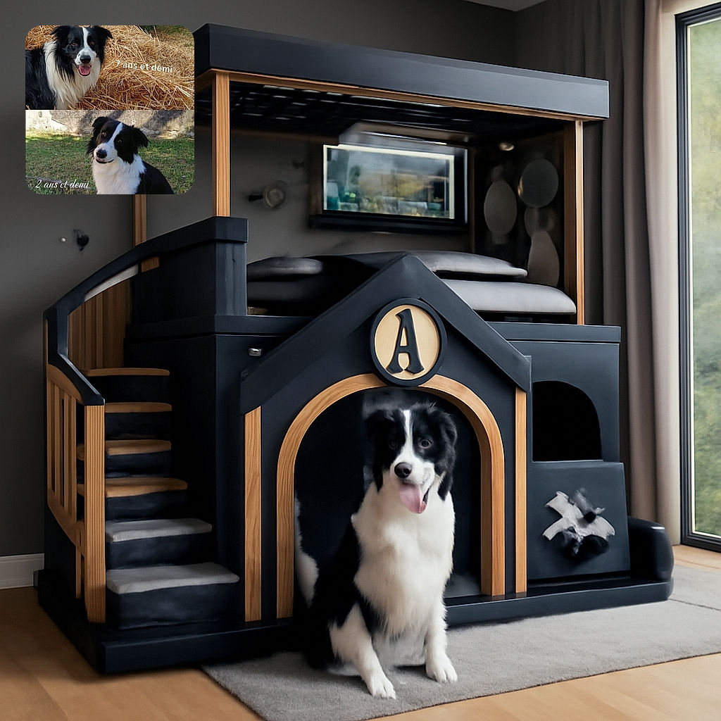 Two charming black and white Border Collies pose outdoors, one sitting by a haystack with a big smile, the other on grass with a curious head tilt. The text overlays in French humorously mark their ages, making it a heartwarming tribute to these fluffy pals.
