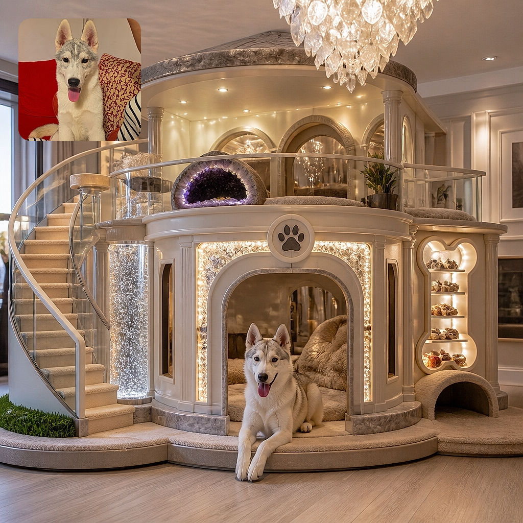 A cheerful husky puppy sits proudly on a person’s striped lap, tongue out and ears standing tall like it has just been promoted to captain of the couch. Red cushions and a patterned pillow create a cozy indoor backdrop, while a mysterious arm peeks in from above like an accidental camera assistant.