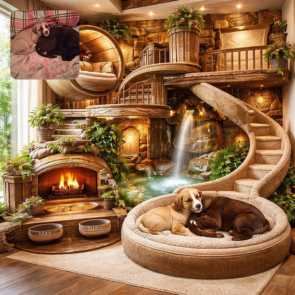 Two puppies collapsed like exhausted roommates — a tan pup using its darker buddy as a pillow on a plaid-backed couch and floral blanket. Cozy, sleepy, and utterly unbothered by the camera.