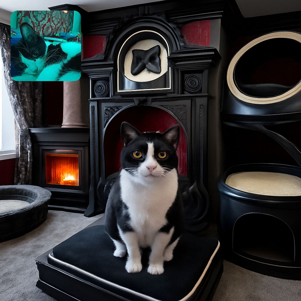 A close-up shot of a black and white cat lounging comfortably, with a cozy indoor background featuring patterned curtains and colorful bedding. The lighting has a cool, bluish tint giving the scene a calm, relaxed vibe.