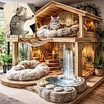 A fluffy gray cat with striking yellow eyes lounges comfortably on a tiled floor, looking up with curiosity and a hint of mischief, as if plotting its next playful adventure.