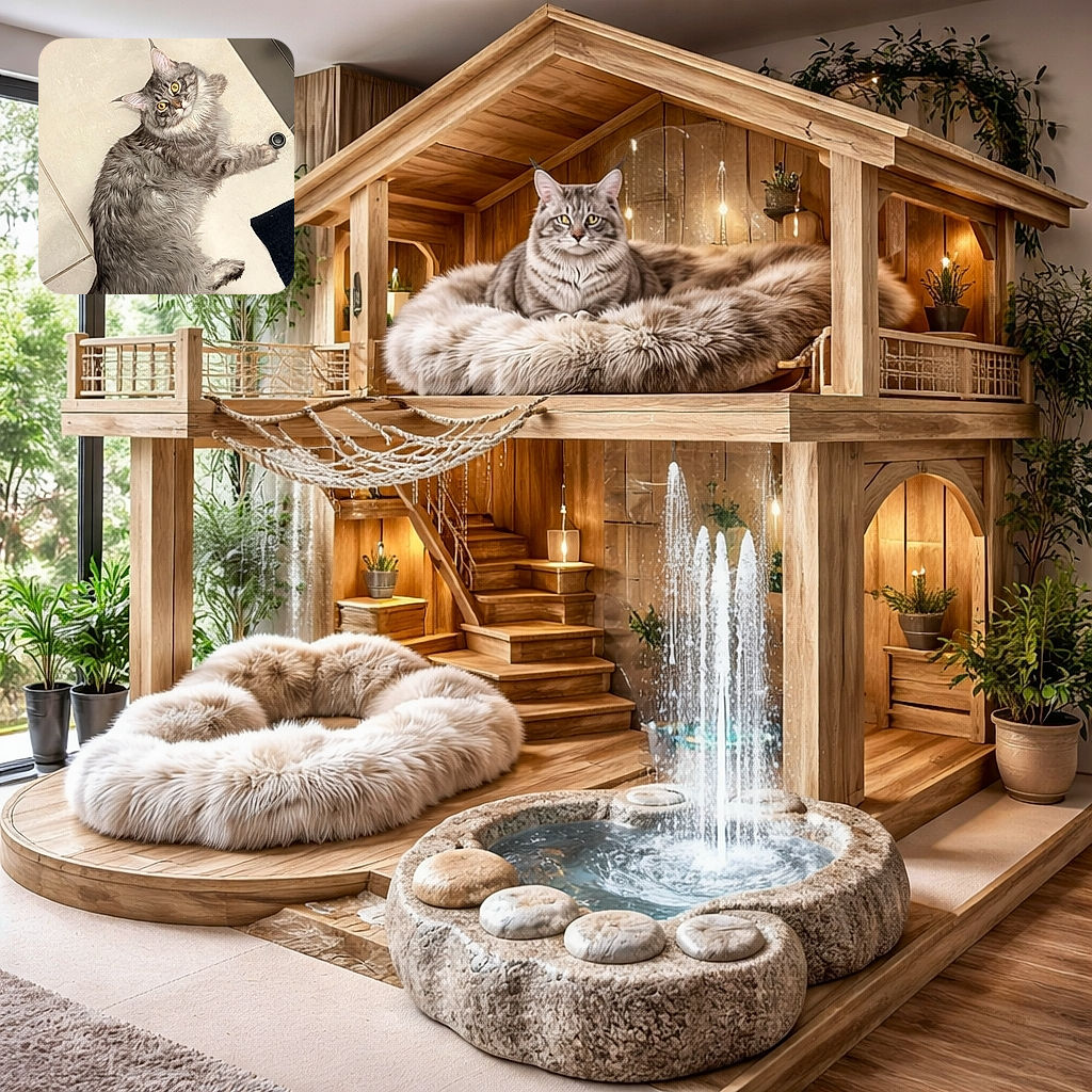 A fluffy gray cat with striking yellow eyes lounges comfortably on a tiled floor, looking up with curiosity and a hint of mischief, as if plotting its next playful adventure.