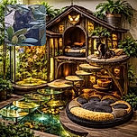A stealthy black cat with curious yellow eyes peeks through lush green leaves, blending perfectly into the garden hideout like a tiny jungle explorer.