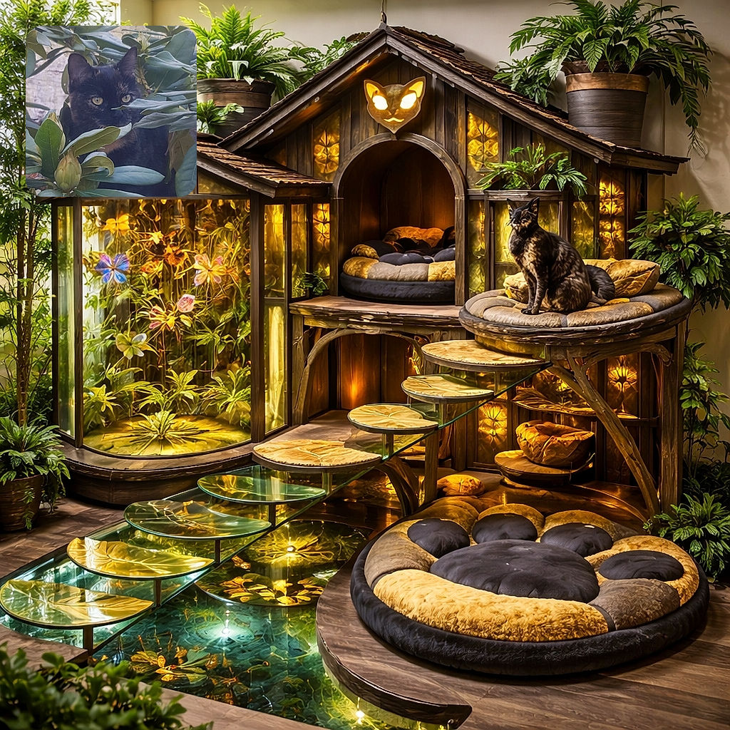 A stealthy black cat with curious yellow eyes peeks through lush green leaves, blending perfectly into the garden hideout like a tiny jungle explorer.