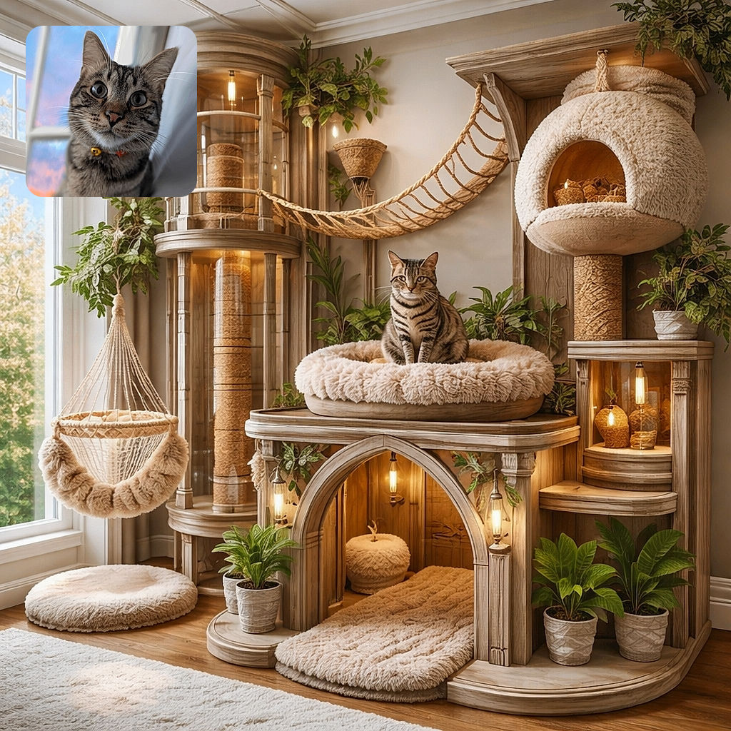 A wide-eyed tabby cat leans into the lens like it’s auditioning for a close-up — its little bell-wearing collar front-and-center while a pastel sunset sky frames the window behind it.