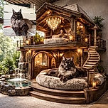 A majestic, fluffy cat lounges regally on a tiled floor, its golden eyes staring intently like a furry lion surveying its kingdom. The background is a cozy home setting with a TV and cat tree, while a colorful toy rope hints at playful moments.