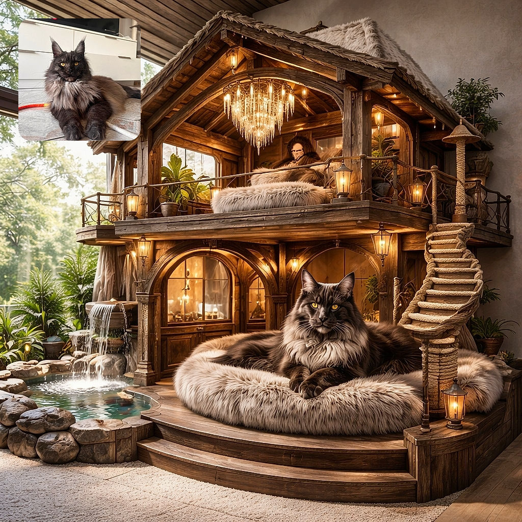 A majestic, fluffy cat lounges regally on a tiled floor, its golden eyes staring intently like a furry lion surveying its kingdom. The background is a cozy home setting with a TV and cat tree, while a colorful toy rope hints at playful moments.