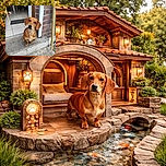 A cute small brown dog with big floppy ears sits patiently on a concrete step outside a doorway, tilting its head inquisitively as if asking for a treat or a belly rub. The background shows a cozy indoor scene with tiled floors, a chair, and a pink jacket hanging on the back of the chair.