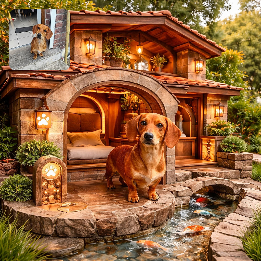 A cute small brown dog with big floppy ears sits patiently on a concrete step outside a doorway, tilting its head inquisitively as if asking for a treat or a belly rub. The background shows a cozy indoor scene with tiled floors, a chair, and a pink jacket hanging on the back of the chair.