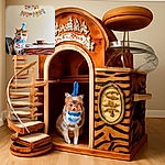 A slightly grumpy-looking orange and white cat wearing a blue party hat and a colorful 'Happy Birthday' bib sits on a wooden floor next to a tiger-striped box. Above, a cute birthday banner with cat faces and colorful letters adds a festive touch to the plain wall background.