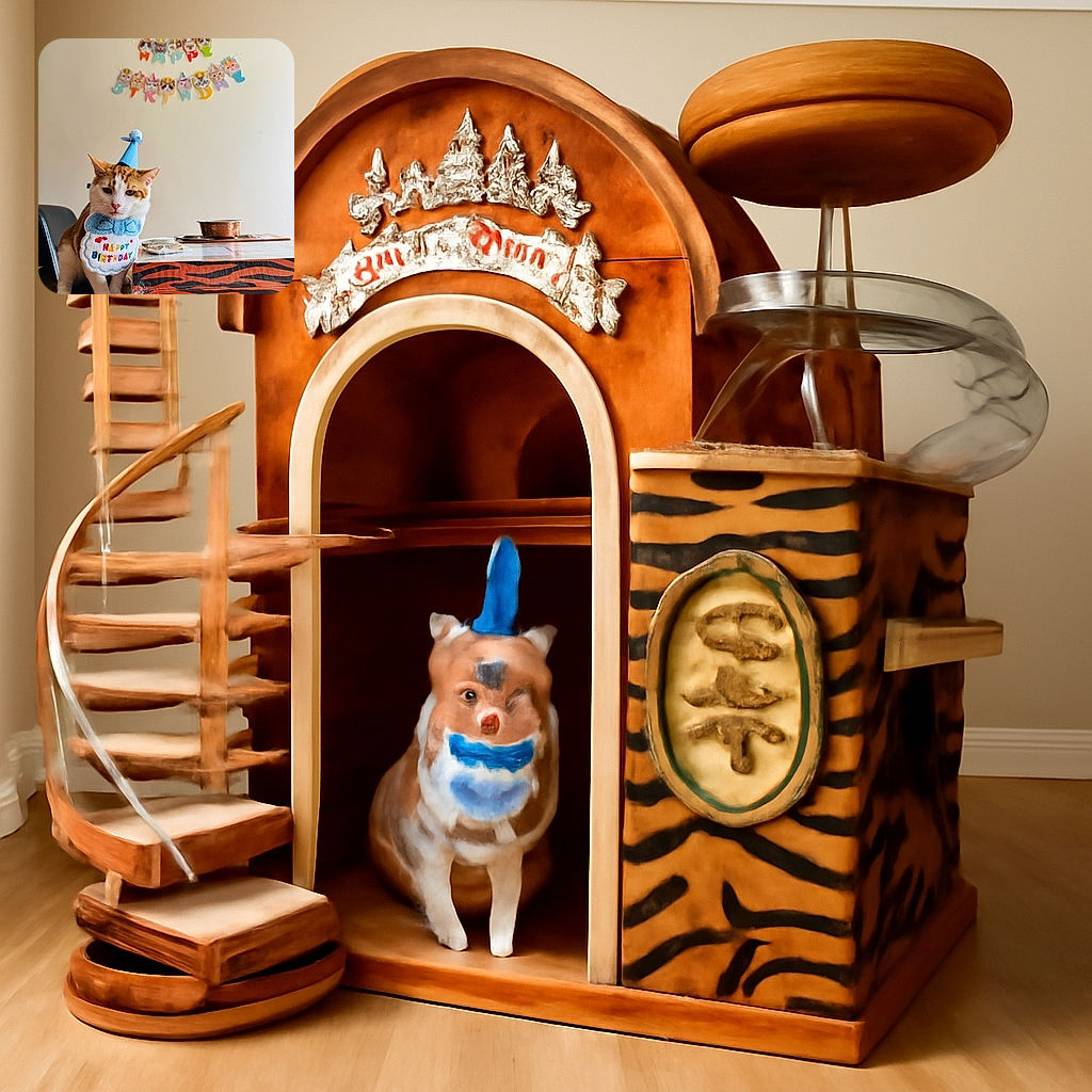 A slightly grumpy-looking orange and white cat wearing a blue party hat and a colorful 'Happy Birthday' bib sits on a wooden floor next to a tiger-striped box. Above, a cute birthday banner with cat faces and colorful letters adds a festive touch to the plain wall background.