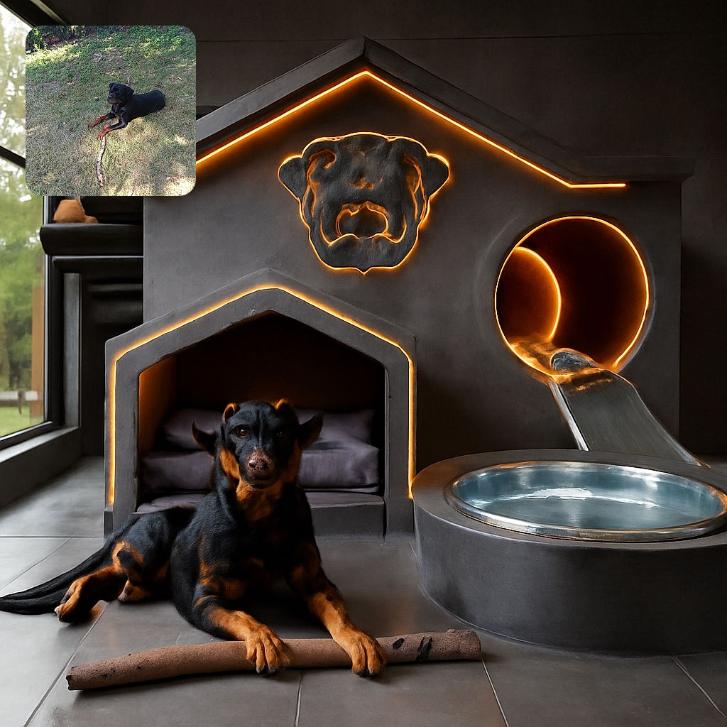 A black and tan dog, likely a Rottweiler, lounges on patchy grass in a backyard holding a long stick, basking in a mix of sunlight and shade with some greenery and a fence in the background.