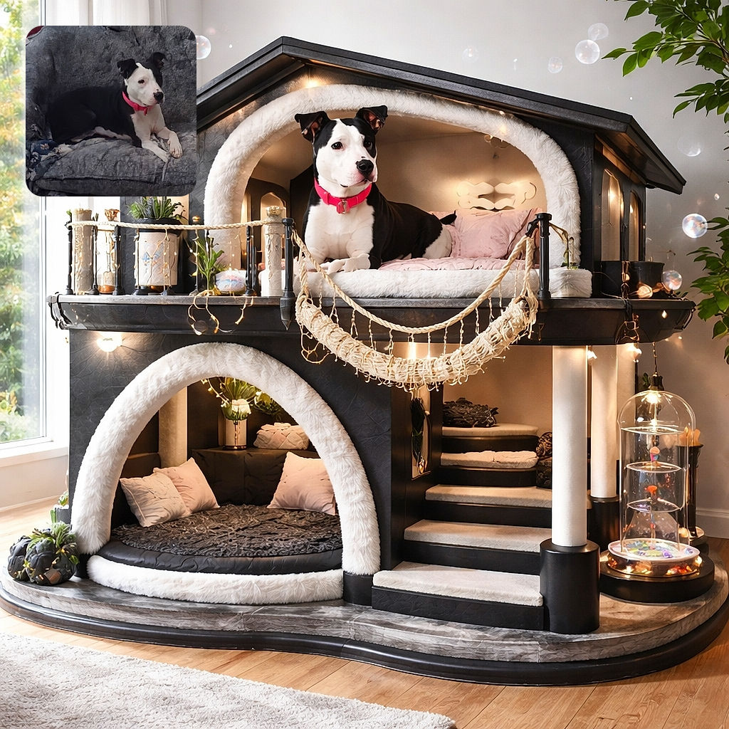 A dignified black-and-white dog lounges on a well-worn gray couch like it owns the place, wearing a bright pink collar and giving a calm, slightly judgmental side-eye while keeping its paws neatly crossed.